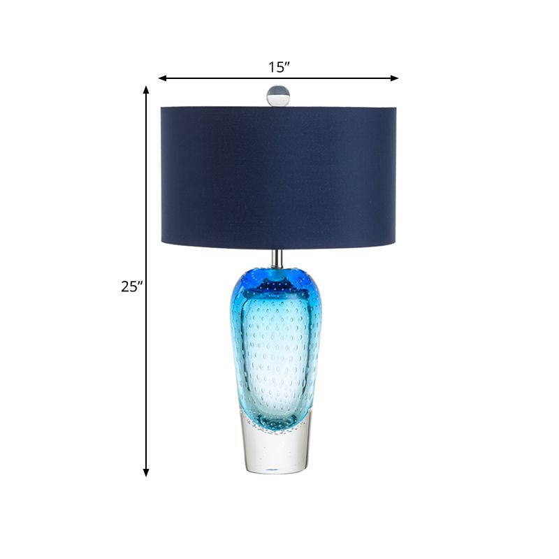 Blue Bubble Glass Urn Desk Light Contemporary 1 Light Night Table Lamp with Fabric Shade