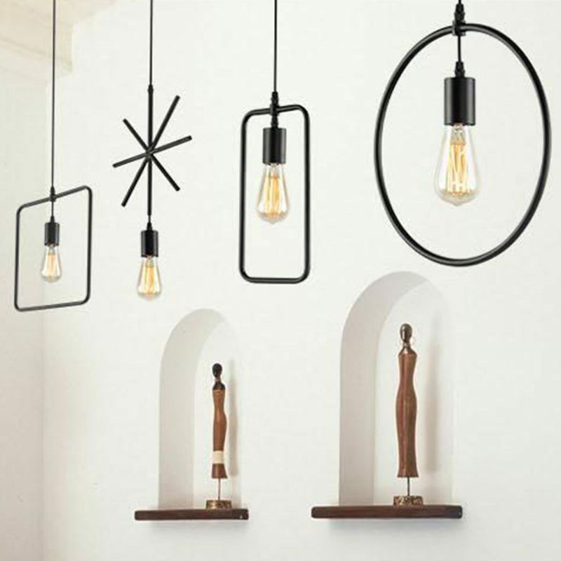Luce a sospensione geometrica vintage Illuminazione a sospensione singola in metallo in nero per soggiorno