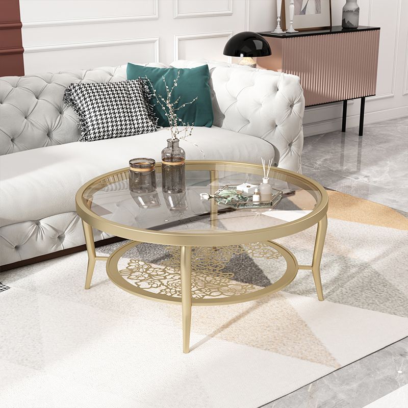 23.6"/17.7"H Modern 4 Legs Steel Base Glass Round Coffee Table with Shelf