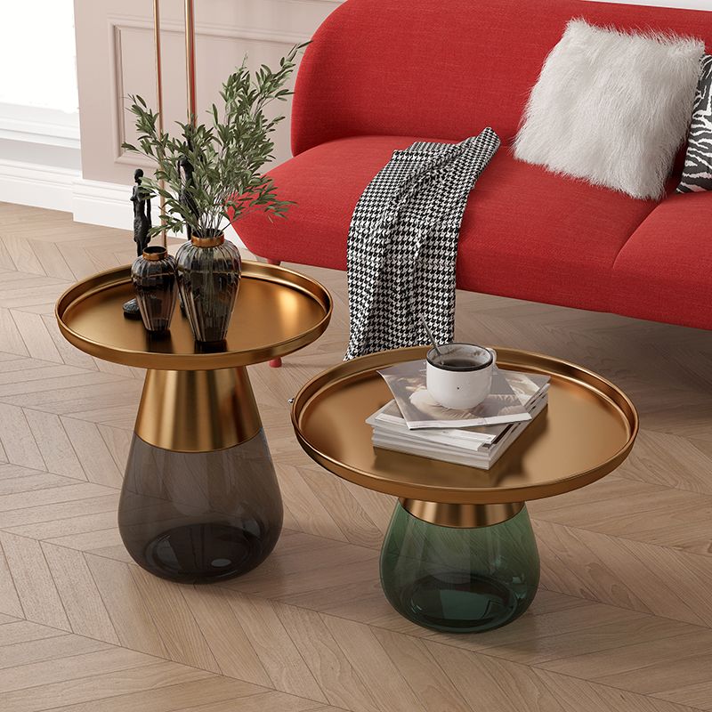 Mid-Century Modern Metal Round Side Table Top Glass Single Base Side Table