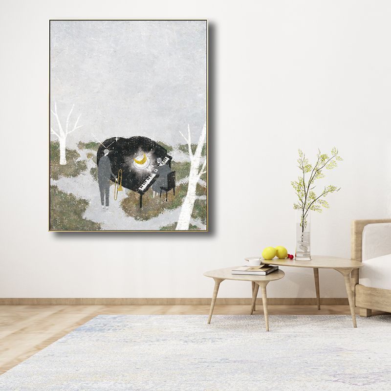 Piano Performance in Wilds Canvas Childrens Art Textured Wall Decoration in Grey
