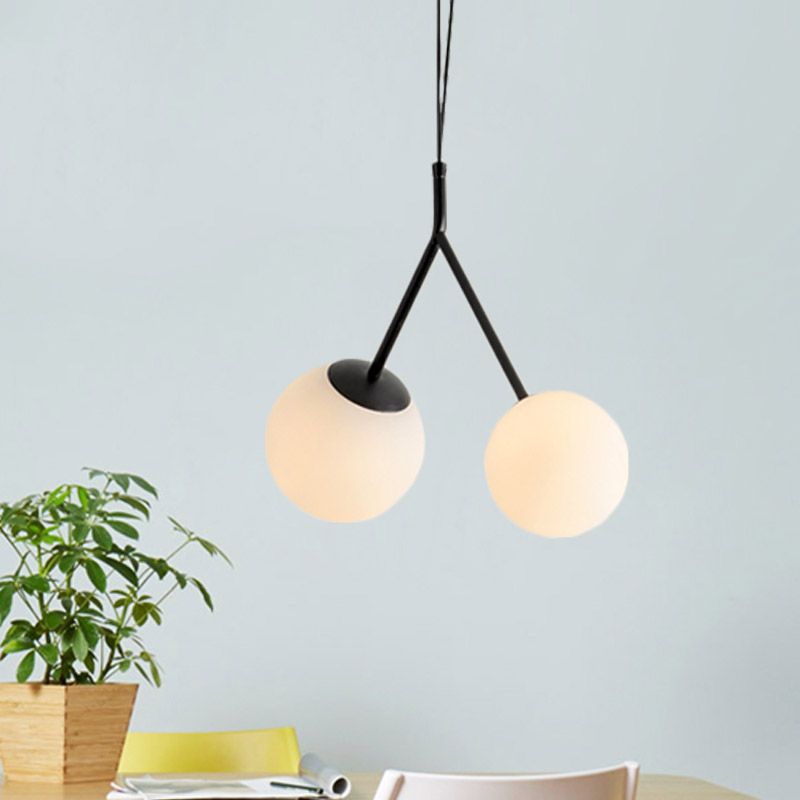 Wit glas Furcated Drop Lamp Minimalistisch 2 Lichten Zwart Kroonluchter Hanglamp