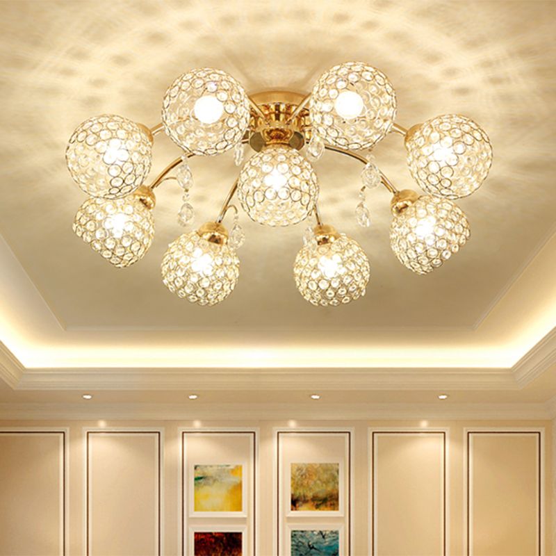6/9 Heads Semi-Flush Mount Light Minimalist Ceiling Mounted Fixture with Sphere Crystal Embedded Shade in Gold
