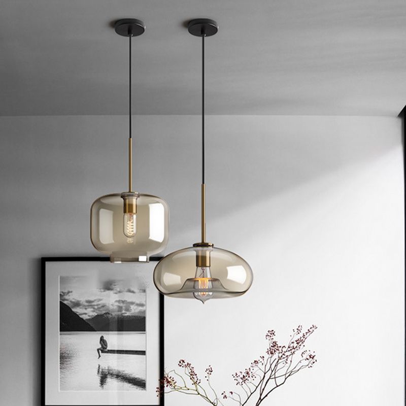Lampada a sospensione ovale/brocca/globo fumo/cognac vetro a bulba singola luce a soffitto in grigio