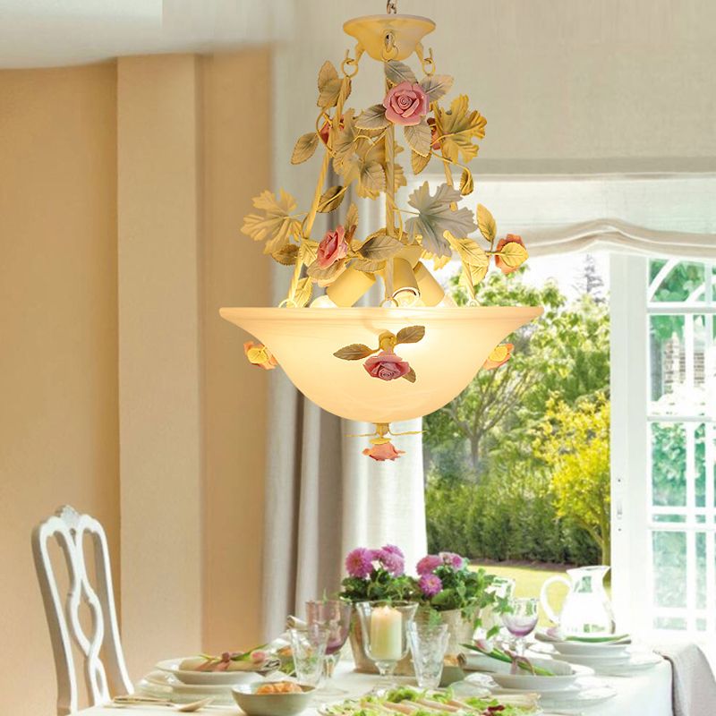 Pastoral Bowl Hanging Chandelier 3 Bulbs White Glass LED Flower Ceiling Light for Living Room