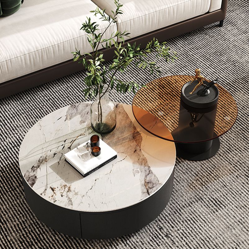 Round White Wood Coffee Table Modern Cocktail Table with Storage