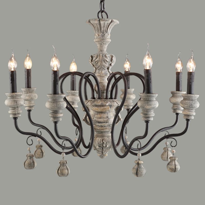 Rustic Style Traditional Candlestick Styling Chandelier Hand-carved Resin Suspension Lighting Fixture for Dining Room