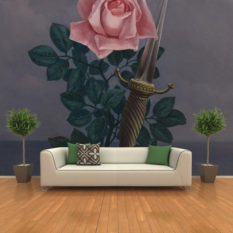 Art Rose and Knight Murals Wallpaper Surreal Non-Woven Fabric Wall Decor in Pink-Green