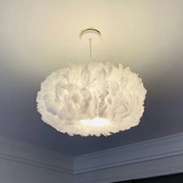 Bedroom Feather Pendant Lamp Nordic Style Round Shape Feather Hanging Chandelier Lamp
