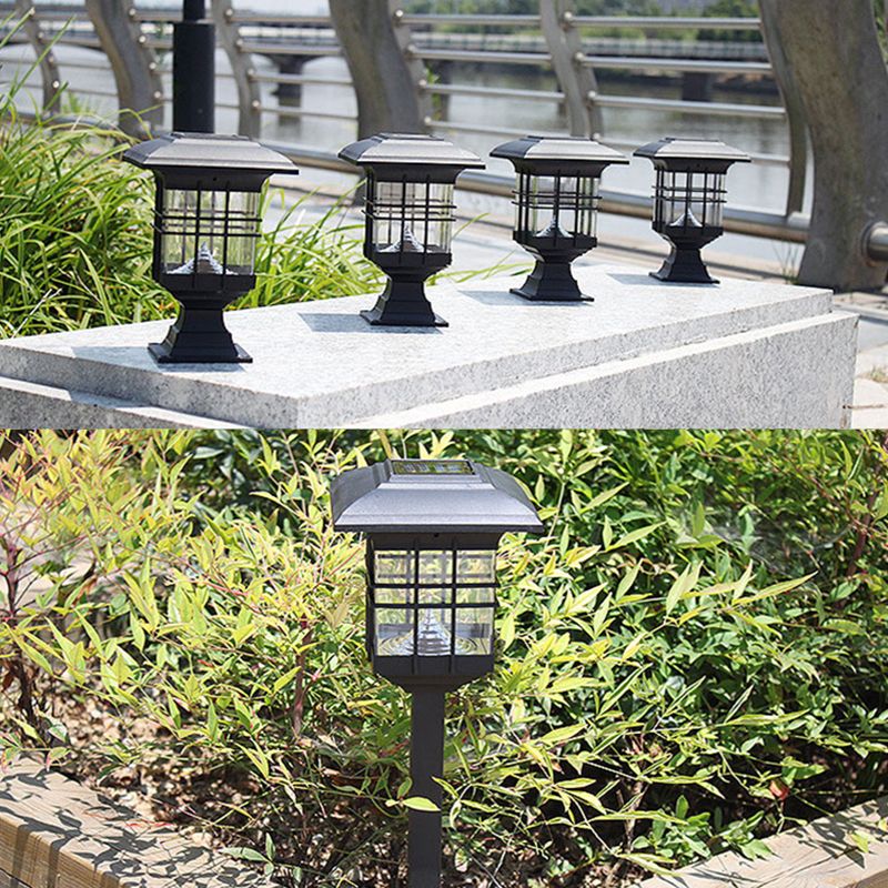 House Shaped Courtyard Solar Ground Light Plastic Vintage LED Stake Lighting in Black