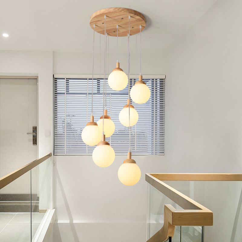Spiral Stair Ceiling Pendant Simple Wood Multi Hanging Lamp with Ball White Glass Shade