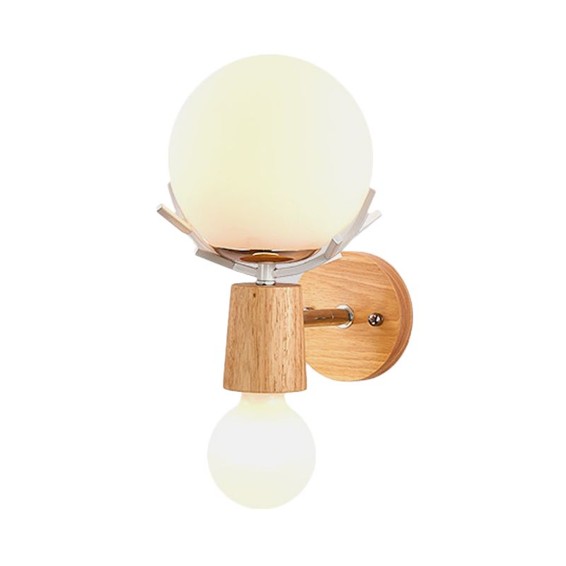 2 Heads Bedside Wall Lighting Modernist Wood Sconce Light Fixture with Ball White Glass Shade