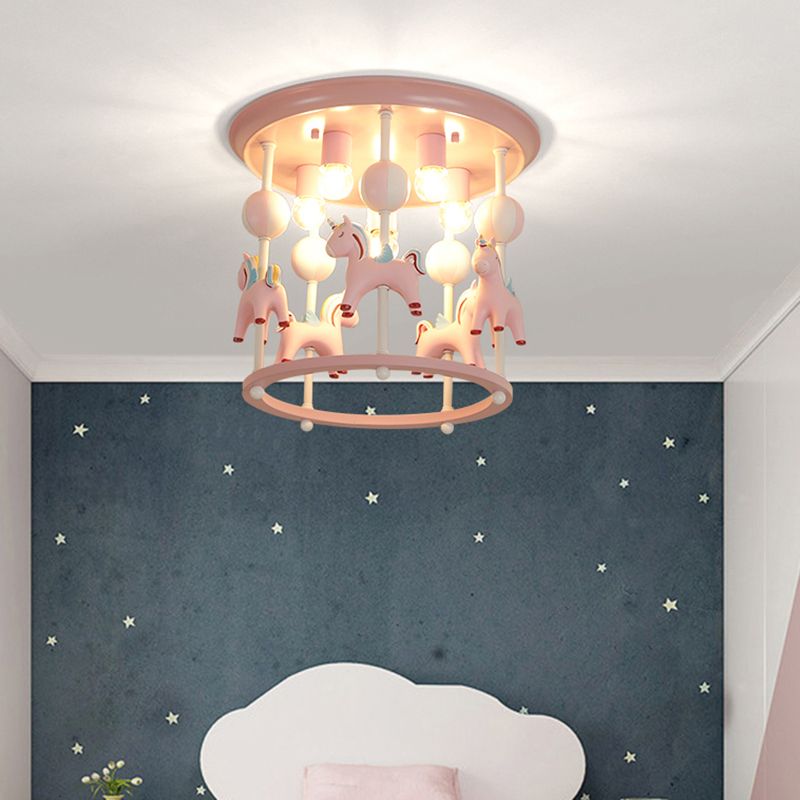 Cartoon Merry-Go-Round Semi Flush Resin 6 Heads Dormitorio Flush Lighting Lights