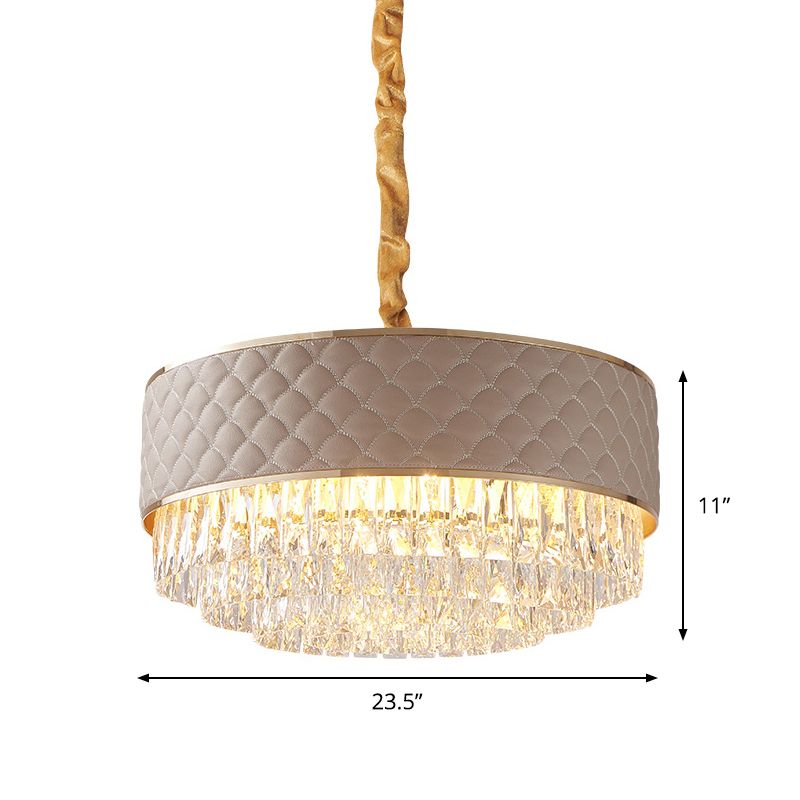 Drum Ceiling Light Post Modern 10-Light Clear Crystal Chandelier Light Fixture with Leatherwear Shade