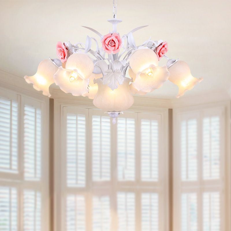 Countryside Blossom Chandelier Lighting Fixture 8 Heads White Glass Pendant Ceiling Light for Dining Room