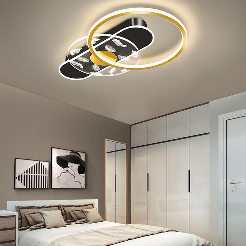 Black and Gold LED Semi Flush Mount in Modern Concise Style Circular Feather Ceiling Light with Acrylic Shade