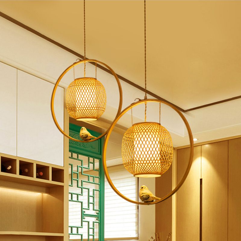 Modern Globe Bamboo Ceiling Light 1 Light Hanging Lamp Kit in Beige with Bird Deco