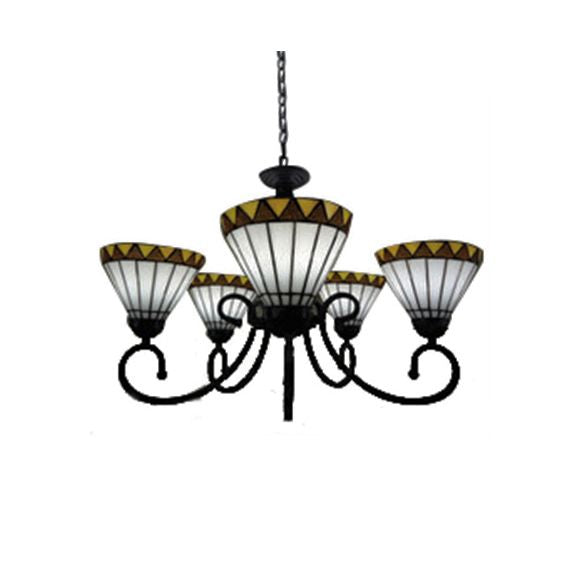Country Cone Shade Chandelier Stained Glass 5 Lights Chandelier light in White for Living Room