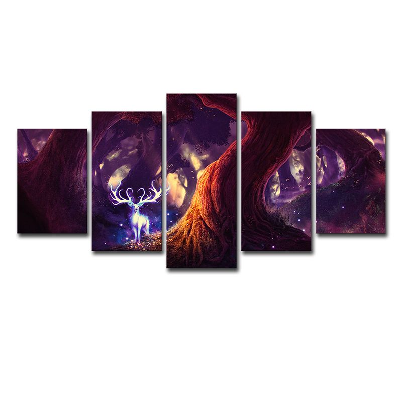 Fairy Tale Forest Deer Canvas Cartoon Multi-Piece Wall Art Decor in Purple for Home