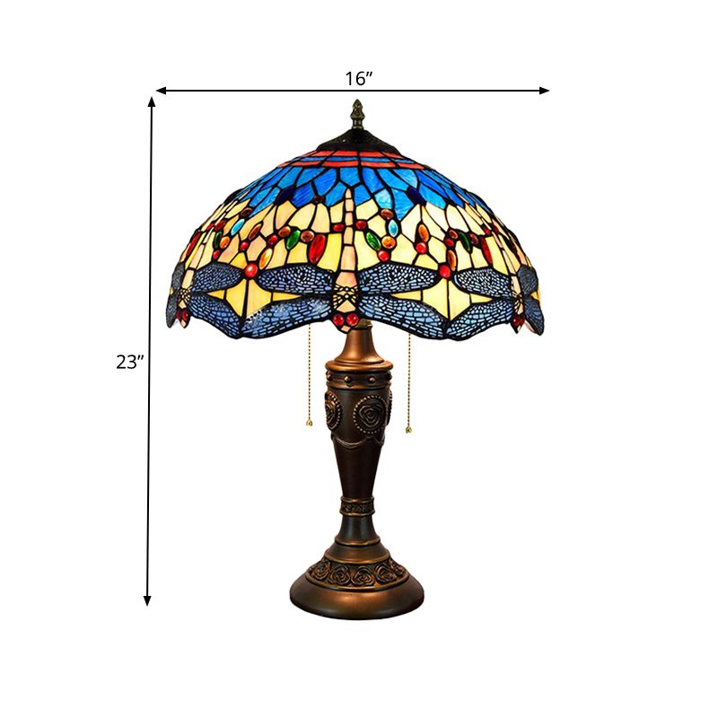 Mediterranean Dragonflies Jeweled Table Lamp 2 Bulbs Blue-Green/Yellow-Blue Glass Nightstand Light with Pull Chain Switch