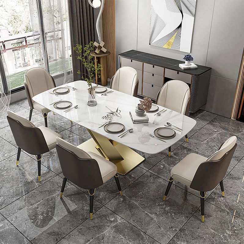 Glam Dinette Set 1/2/5/7 Pieces Rectangle White Sintered Stone Top Dining Table Set