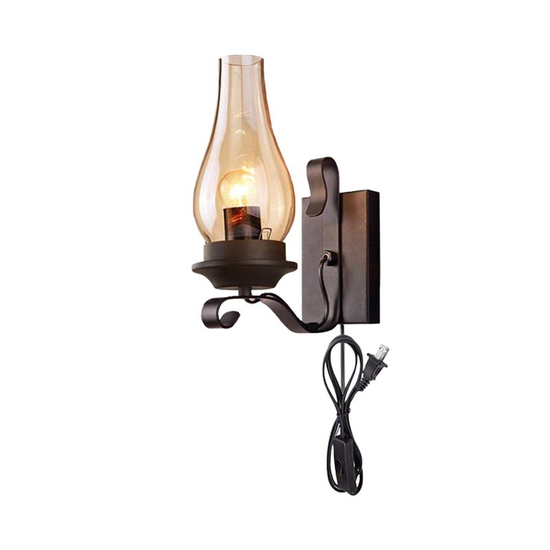 1 Light Candle Wall Sconce Vintage Industrial Black Cognac Glass Lighting in Black with Plug-in Cord