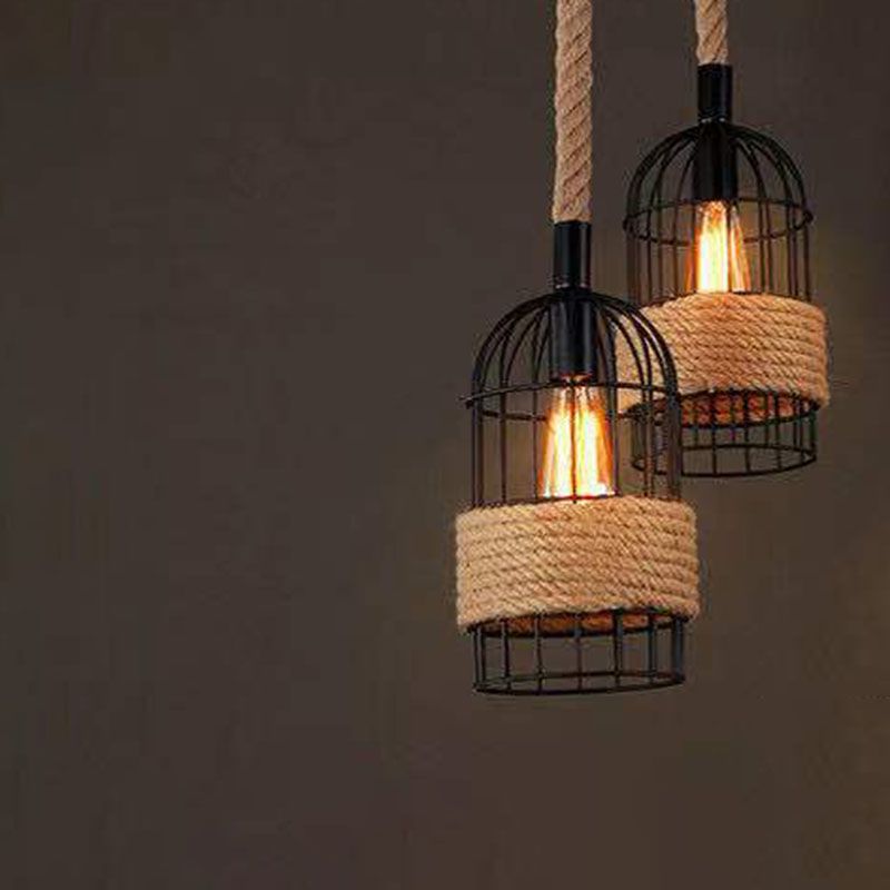 Hemp Rope Birdcage Pendant Lighting Rustic 5-Bulb Dining Room Island Light