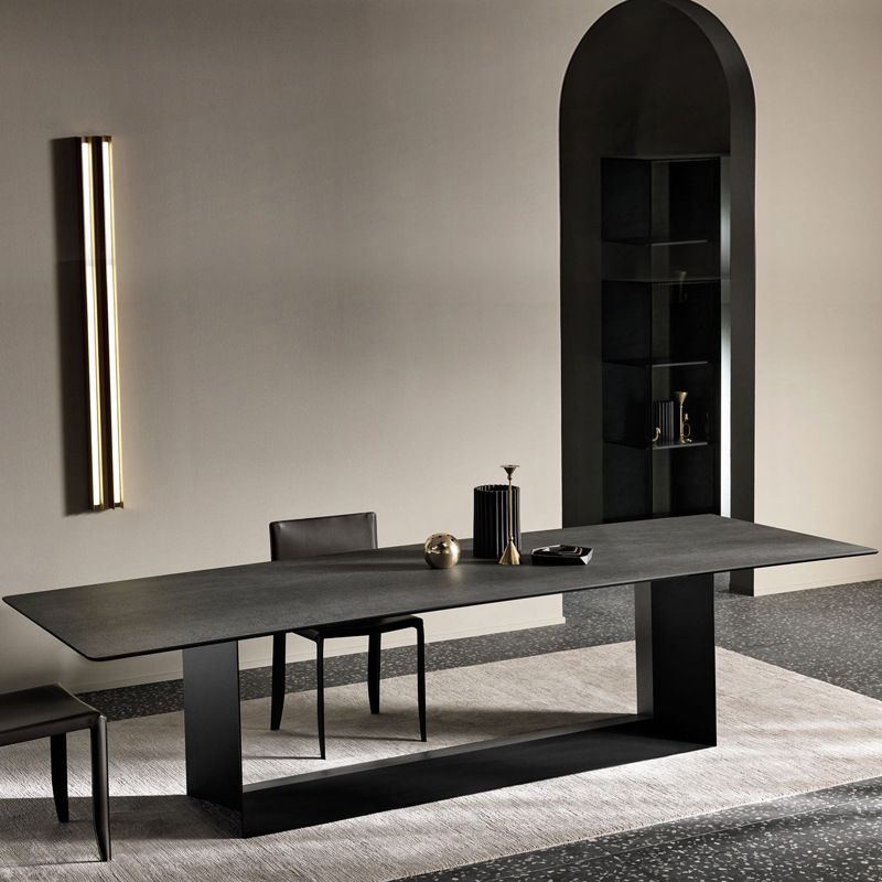 Metal Contemporary Rectangular Dining Table Sintered Stone Table with Trestle
