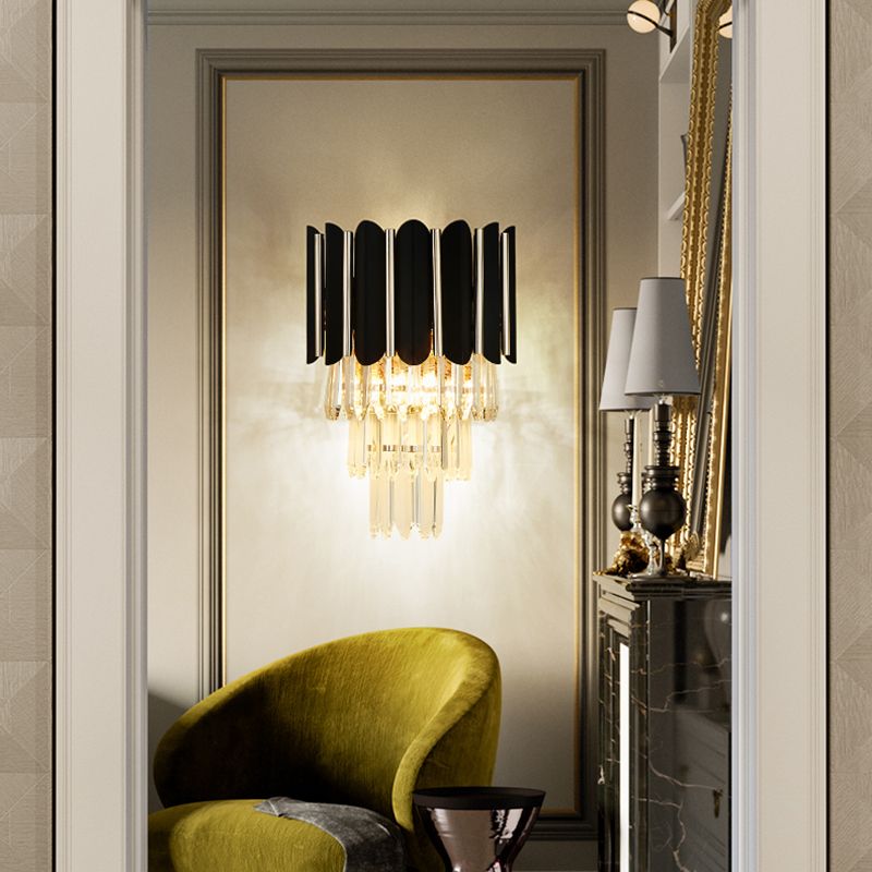 Tiered Wall Mounted Lighting Modern Clear Crystal 2 Lights Wall Sconce Light in Black
