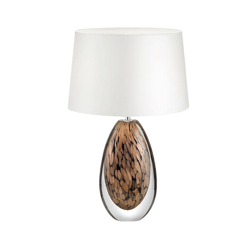1 Head Tapered Table Lamp Modernist Fabric Desk Light in White with Teardrop Brown Glazed Crystal Base
