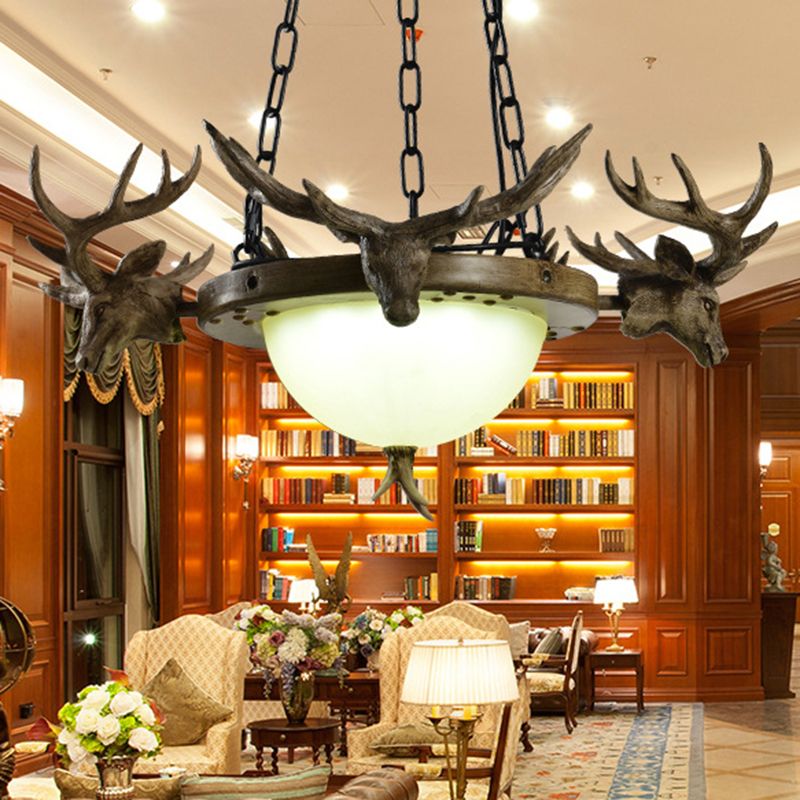 3-Bulb Glass Suspension Light Modern Beige Hemisphere Living Room Chandelier Lighting with Deer Head