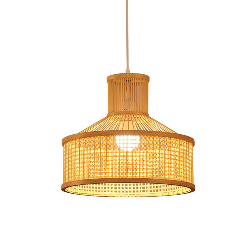 Chinese 1 Bulb Pendant Lamp Beige Hand Woven Hanging Light Fixture with Bamboo Shade