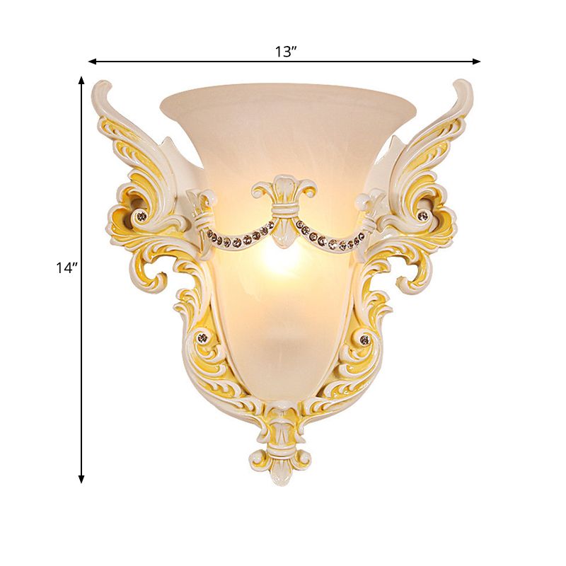 Bell Frosted Glass Wall Sconce Colonial 1 Bulb Living Room Flush Mount Wall Light in White/Gold/White and Gold