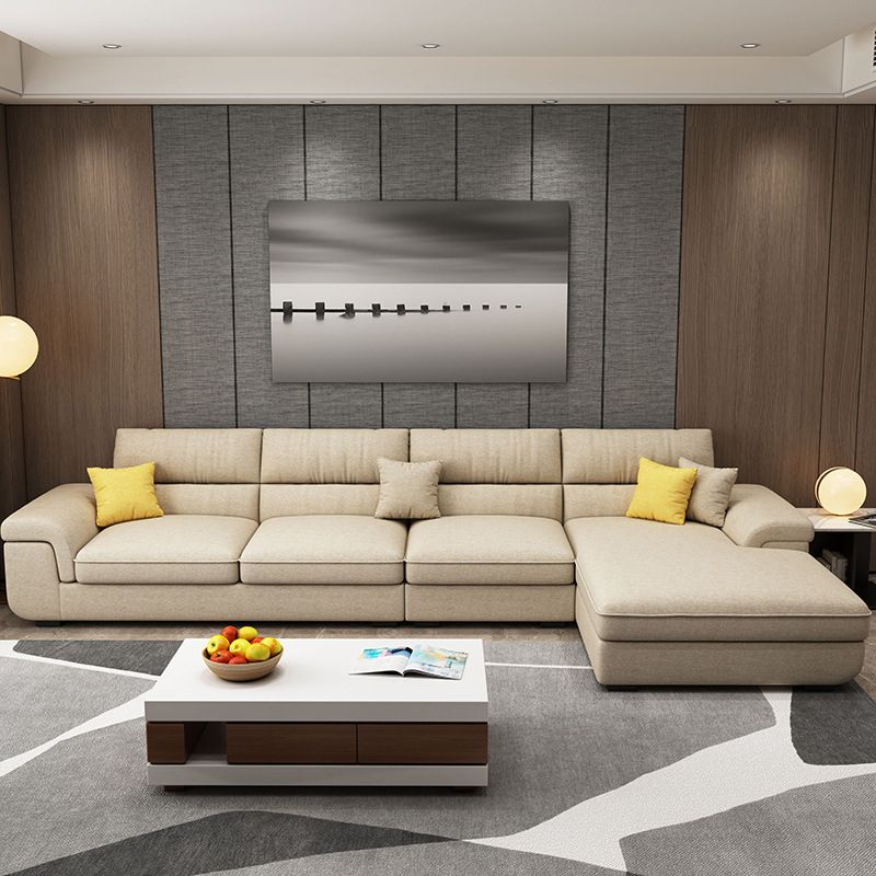 Pillow Top Arm Sofa & Chaise in Khaki Modern Fabric Sectional