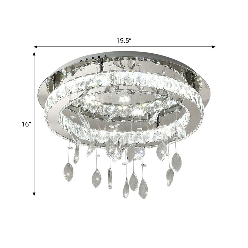 LED Ring Semi Flush Contemporary Stainless-Steel Clear Rectangular-Cut Crystals Ceiling Mount with Leaf Droplet