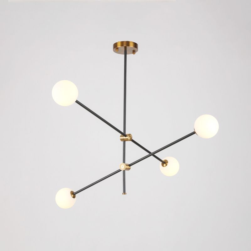 Moderne Sputnik kroonluchter, 4-licht ontwerp Zwarte afwerking met matglasschaduw