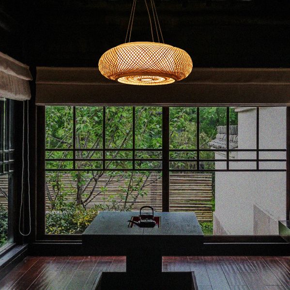 Bambuswebe runde hängende Lampe Chinesische Holzhängeberslicht für Schlafzimmer