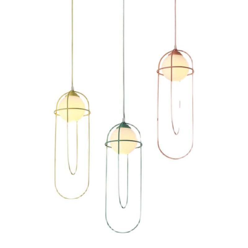 Glass Ball Pendant Light Macaron Style 1-Light Hanging Light with Cage