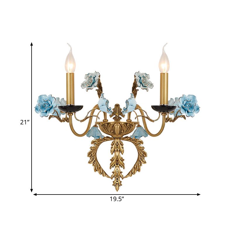 Blaue Wandleuchte mit gebogenem Arm, ländliches Metall, 2 Lichter, Wohnzimmerleuchte mit/ohne Schirm