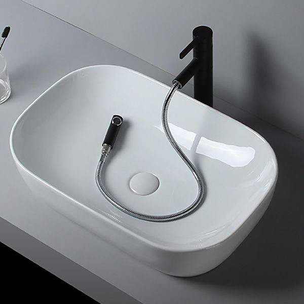 Modern Bathroom Sink Porcelain Solid Color Rectangular Vessel Sink with Pop-Up Drain
