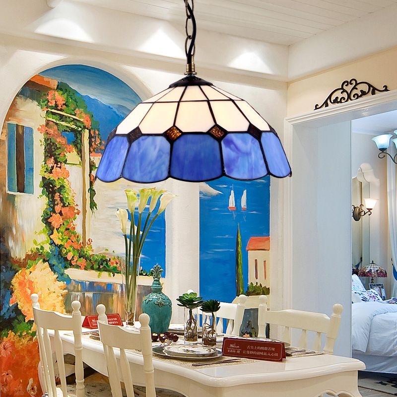 Domed plafondlicht Tiffany 1 kop geel/blauw handgemaakt kunstglas gesuspendeerd verlichtingsarmatuur, 12 "/16" breed