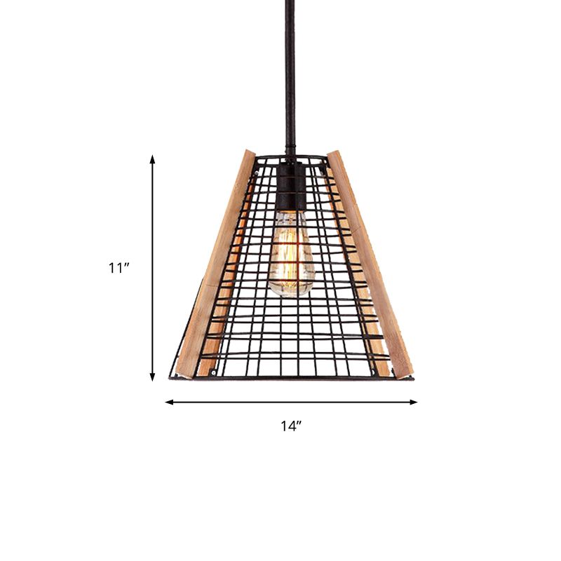 Éclairage pendentif à cône classique 1 luminaire suspendu en métal léger en noir avec cage