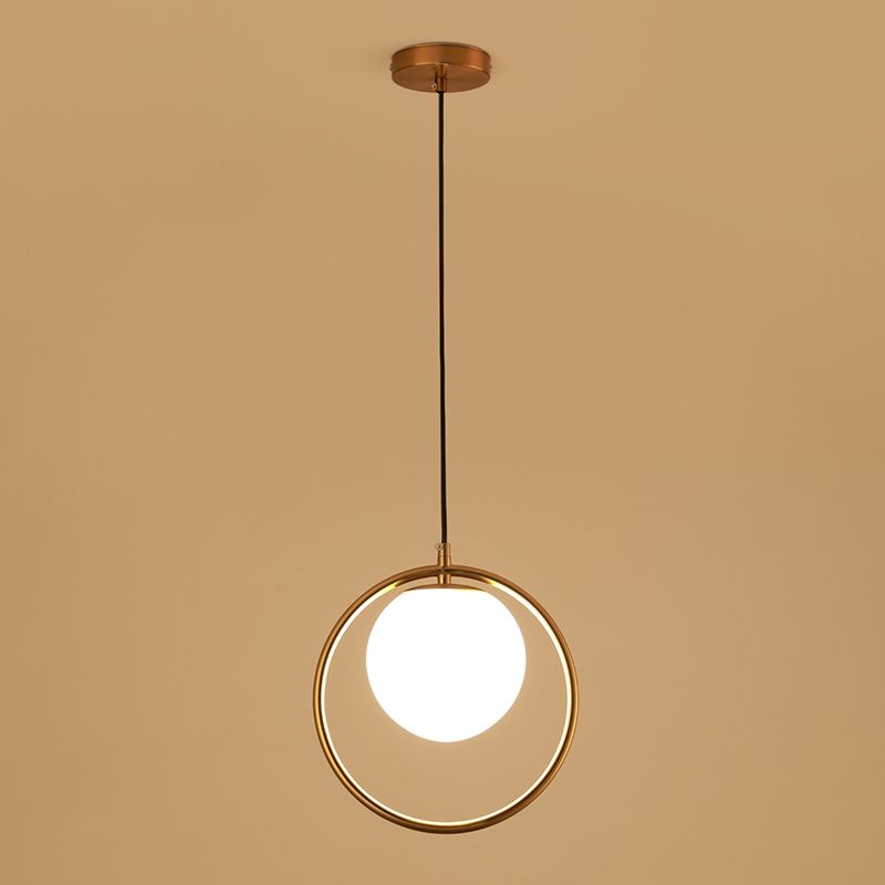 Nordic Minimalism Golden Ring Hanging Light with White Glass Ball Shade Mini Pendant Fixtures for Bedside