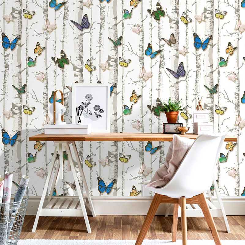 Birch Tree and Butterfly Wallpaper Roll Peel and Stick Wall Covering for Coffee Shop