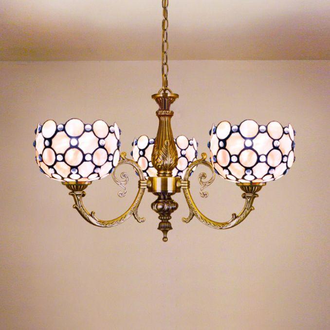 Tiffany Style Bowl Suspension Stained Glass 3 Lights Inverted Chandelier in White for Living Room