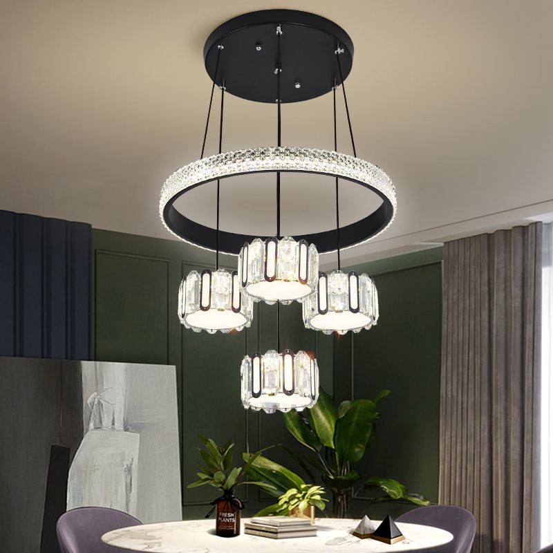 Ciondolo a cluster circolare nero moderno lampada a sospensione a LED a 5 luci a 5 luci per sala da pranzo