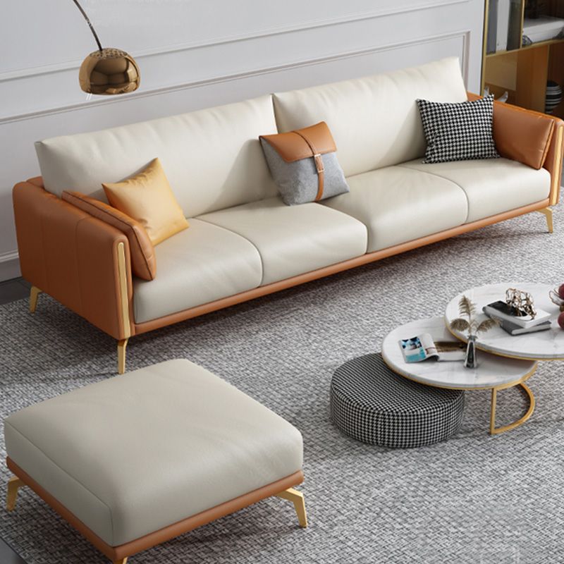 Faux Leather Square Arm Sofa with Chaise in Orange & Beige Loose Back Cushions Sofa