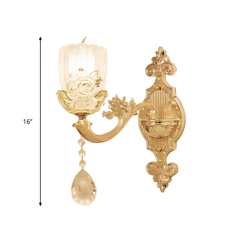 Klarer Kristallblumen-Schatten Wandlampe traditionelle 1/2-Kopf-Wohnzimmerleuchte in Messing mit kurviger Arm