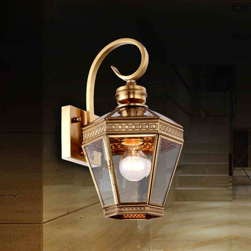 1-Light Wall Lighting Minimalist Outdoor Wall Light Sconce with Lantern Clear Glass Shade in Brass