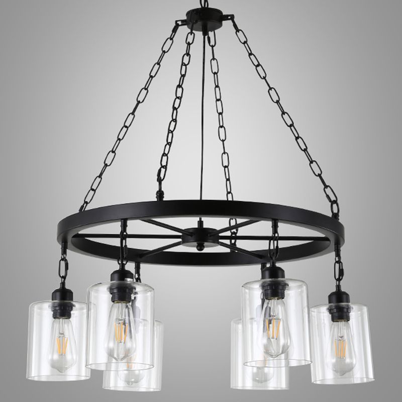 Black 6/8 Lumières Pendard lustre traditionnel Cylindre en verre transparent clair avec conception de roue de wagon